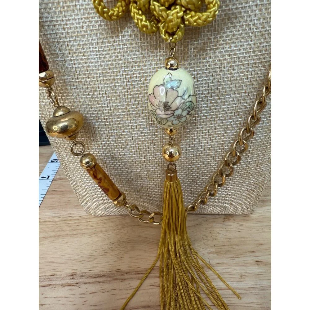 Vintage Multilayer Gold & Yellow Beaded Necklaces With Tassel , Set of Four - Picture 3 of 9